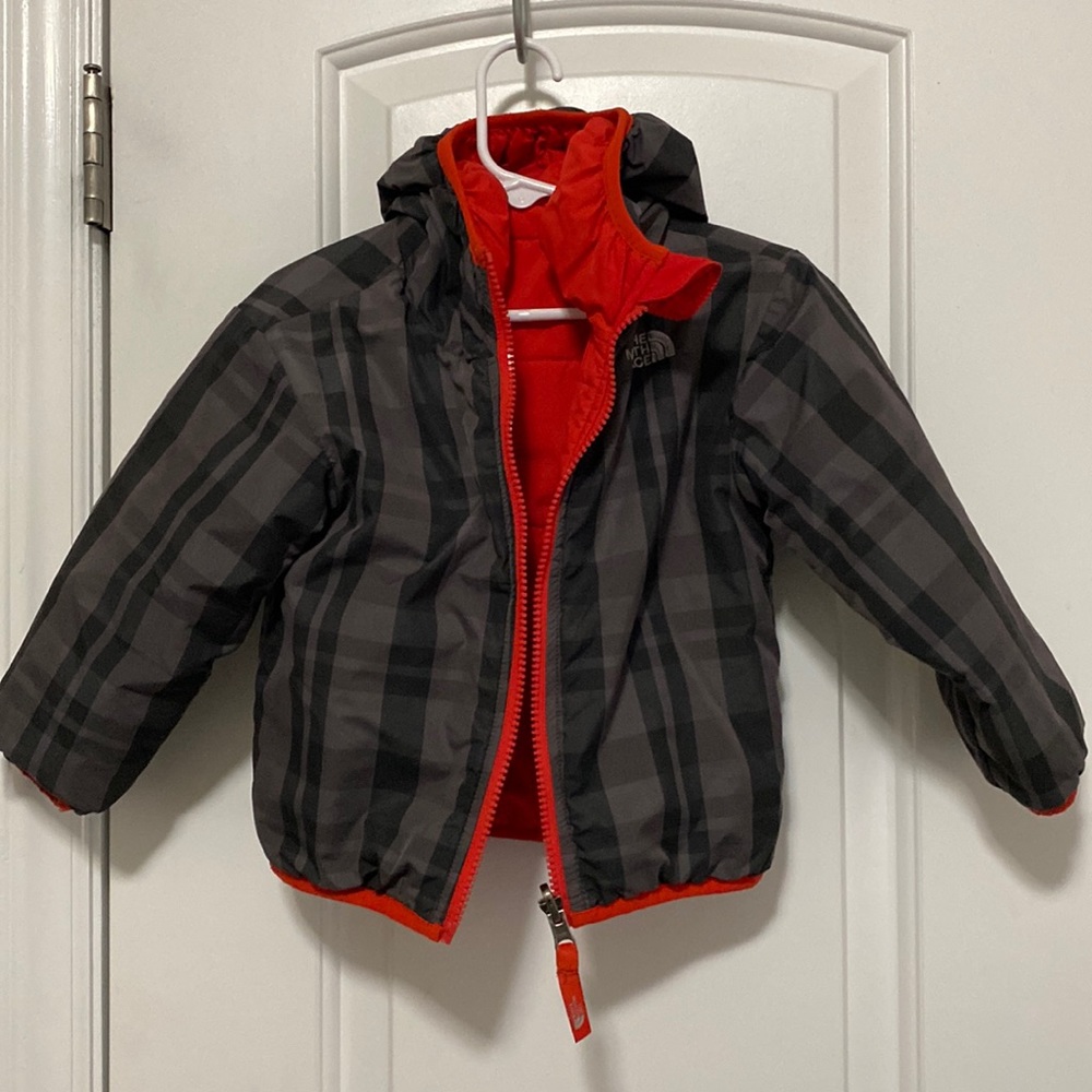 The North Face Reversible Coat Red/black & Gray Plaid Size 2T